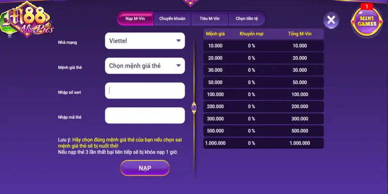 Nạp tiền M88Vin qua thẻ cào dễ dàng