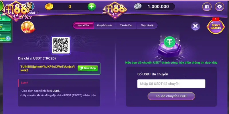 Nạp tiền vào M88vin qua tiền điện tử USDT và USDC